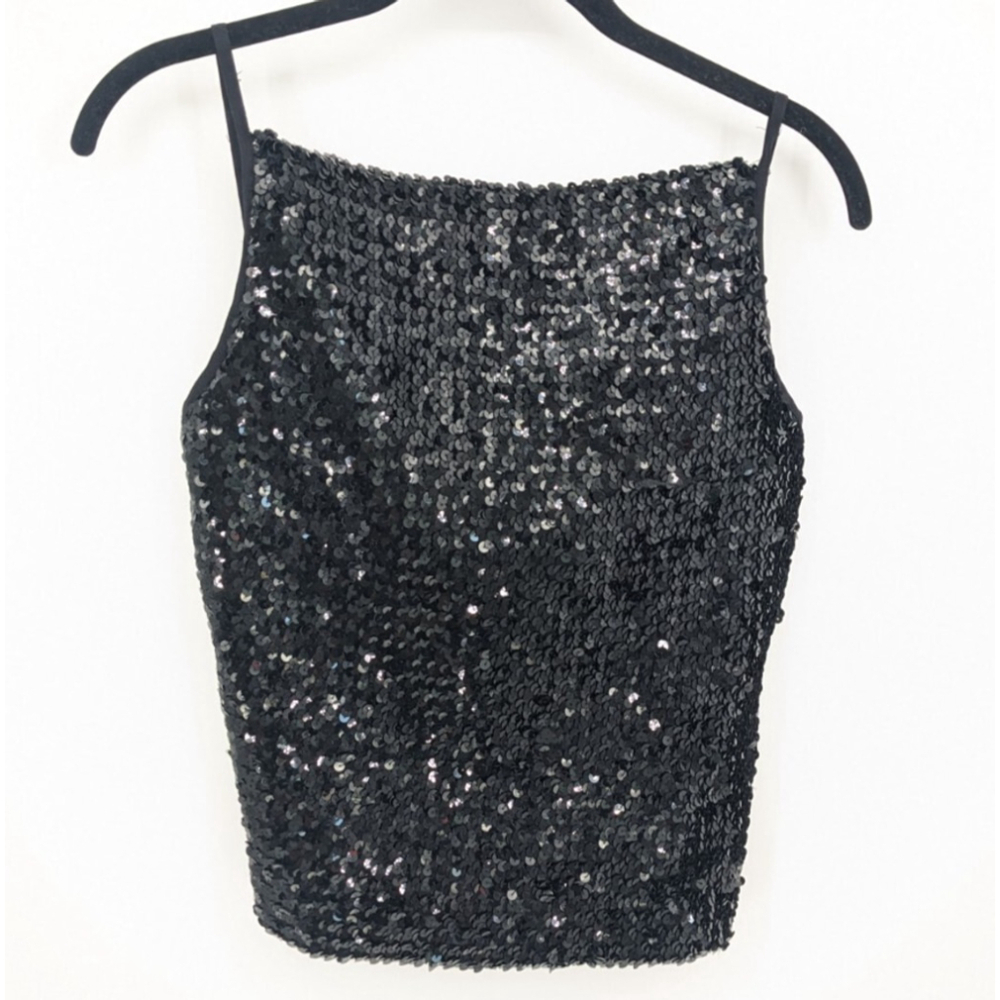 Vintage Scott McClintock Top Womens Petite 12 Black Sequin Sleeveless Swiftie